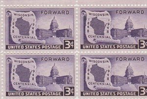 1948 Wisconsin Centennial Block of 4 3c Postage Stamps, Sc#957, MNH, OG