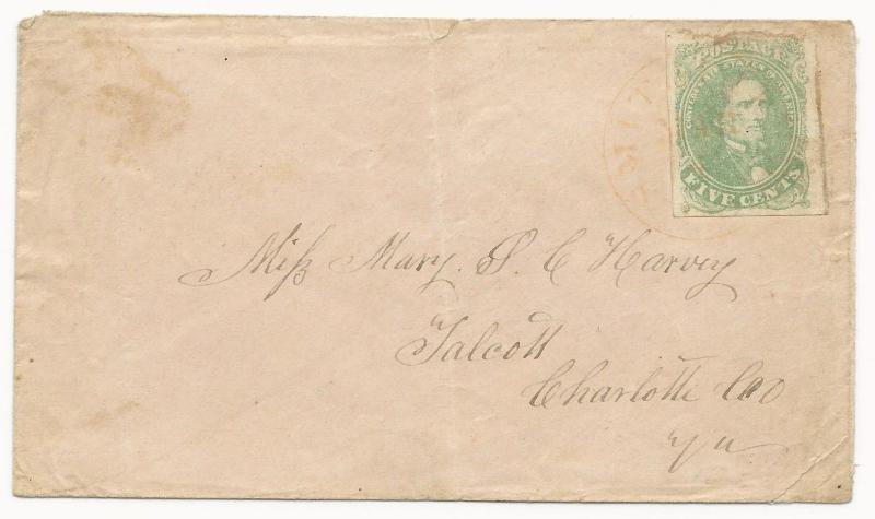 CSA Scott #1 Stone 1 on Cover Red Smithfield, VA CDS Marc 4, 1862