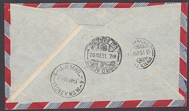 AUSTRALIA 1951 5/- Arms on Experimental first flight cover to Chile........27580