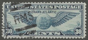 USA, stamp, Air Mail, Scott#c24, used, hinged, 30 cents, wing, globe, blue