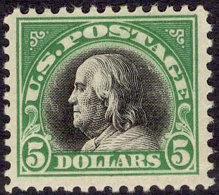 US Stamp #524 $5 Franklin MINT Hinged SCV $160. Rich color.