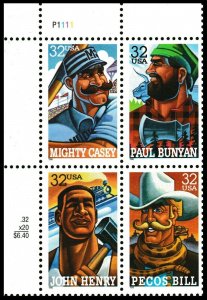 1996 Folk Heros Plate Block of 4 32c Postage Stamps, Sc# 3083-3086, MNH, OG