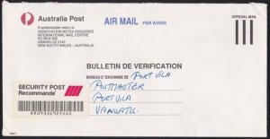 AUSTRALIA NSW 1991 AP Official Reg cover to Vanuatu - .................... B2630
