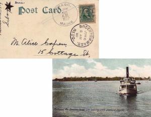 United States Maine Sebago 1907 doane 3/2  1829-1940  PPC (Portland, Me. Stea...