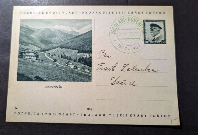 1937 Czechoslovakia Postcard Cover Vrchlabi Hohenelbe to Sacice