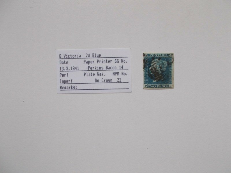 QV 1841 Imperf 2d blue SG 14 Four Good Margins Perkins Bacon Letters PL Cat £90