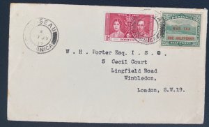 1937 Roseau Dominica War Tax Stamp Cover To London England