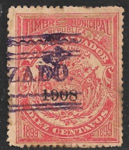 EL SALVADOR 1908 10c ARMS Municipal Revenue Ross M137 VFU