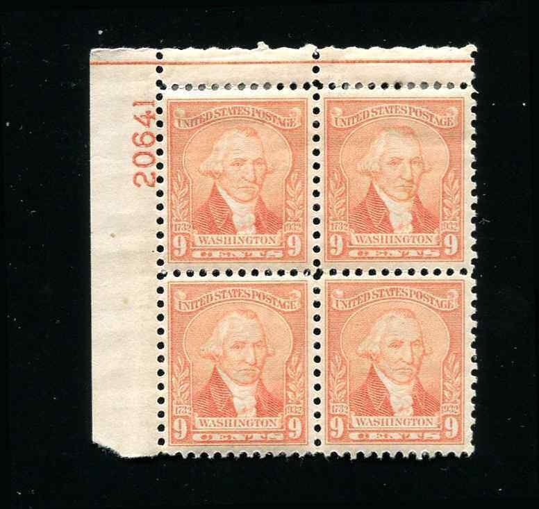 #714  MH  9¢ Plate Block Washington Upper Left Position