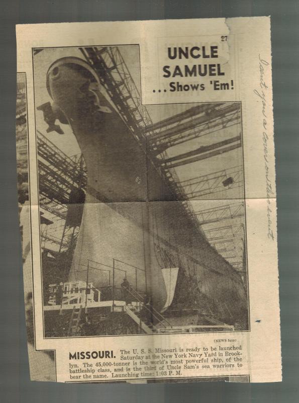 1944 USS MIssouri Battleship Launching Naval Cover Brooklyn NY to Canada Jesus