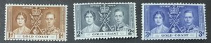 GOLD COAST 1937 CORONATION SET SG117/119 LIGHTLY MOUNTED MINT