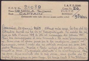 INDIA 1945 P.O.W. postcard to Italy ex Camp 26/3B Passed Censor............6467