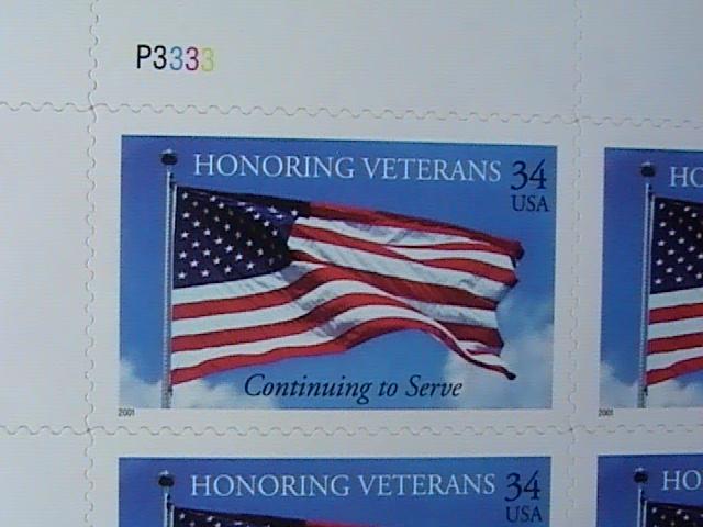 U.S.# 3508-MINT/NEVER HINGED--PANE OF 20---HONORING VETERANS---2001