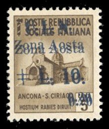 Italy, Locals #Sass. 6ab Cat€400, Aosta, 1944 20c on 10L, double surcharge,...