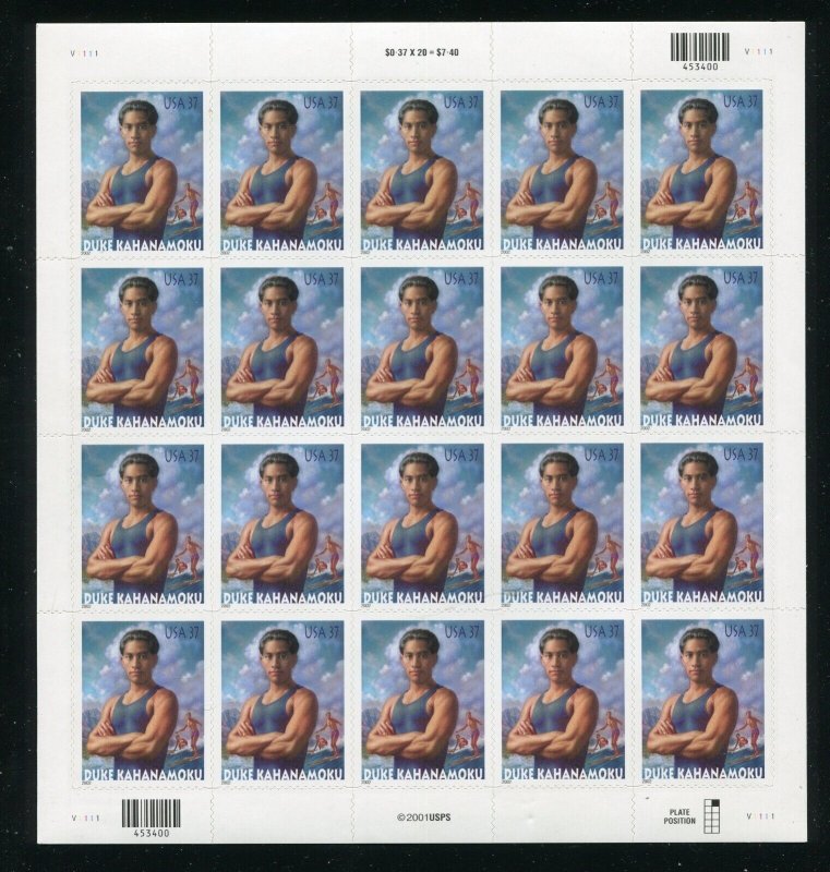 3660 Duke Kahanamoku Sheet of 20 37¢ Stamps MNH 2002
