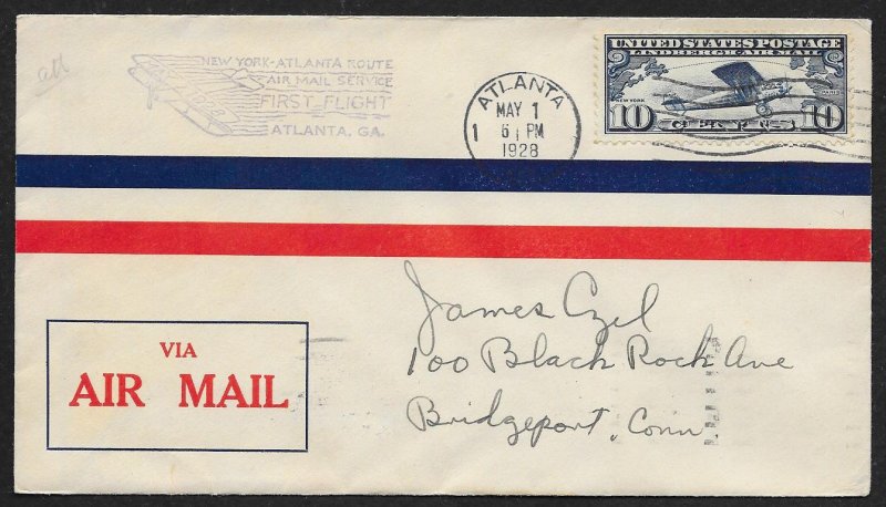 UNITED STATES #C10 on First Flight Cover 1928 Atlanta to New York