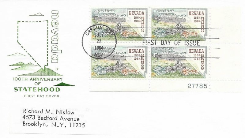1964 FDC, #1248, 5c Nevada 100th, House of Farnam, plate block of 4