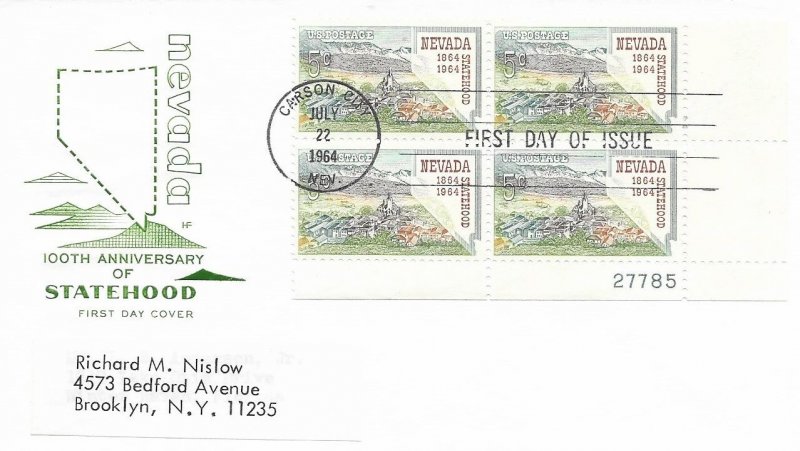 1964 FDC, #1248, 5c Nevada Statehood, House of Farnam, plate block of 4