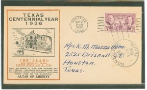 US 776 1936 3c Texas Centennial (single) on an addressed FDC with a Centennial Service Bureau cachet