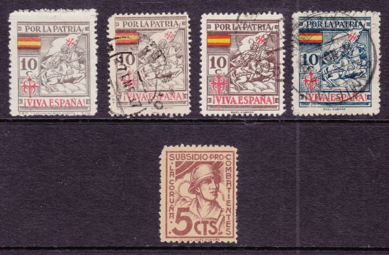 Spain, Coruña Provincial Tax Stamps,  Bar 2/13, 1937 5 diff fiscals