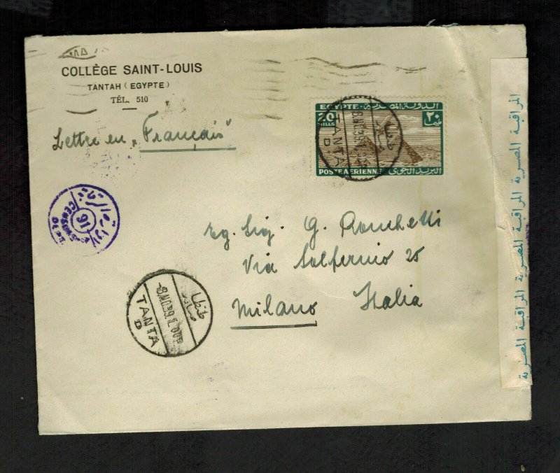 1939 Tantah Egypt Censored Cover to Milan Italy College St Louis Bishop Berger