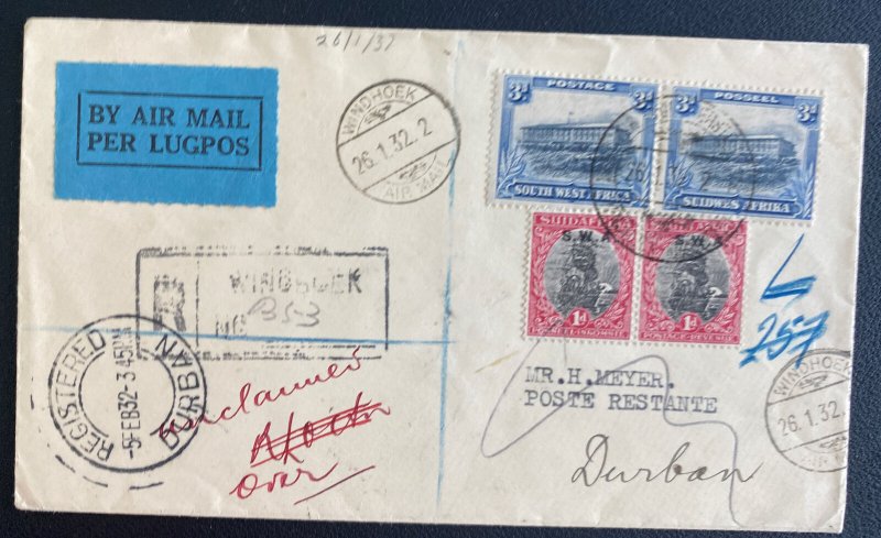 1932 Windhoek South West Africa Early Airmail Cover To Durban South Africa