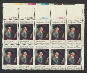 1975 Benjamin West Plate Block of 10 10c Postage Stamps, Sc# 1553, MNH, OG