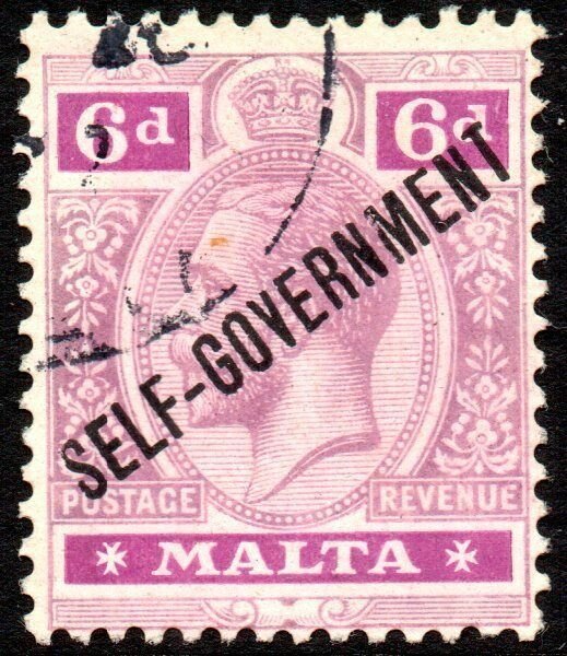 1922 Malta Sg 109 6d dull and bright purple 'Self Government' Fine Used