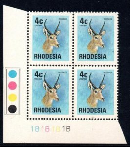 Rhodesia - 1974 4c Reedbuck brown gum 1B Plate Block MNH** SG 492