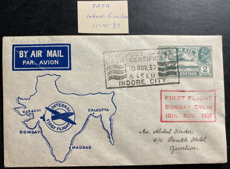 1937 Indore City India First Flight Airmail cover FFC To Gwalior