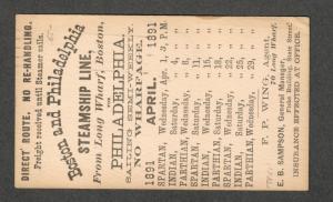 Boston + Philly Steamship Line Schedule On Us Postal Card April 1891