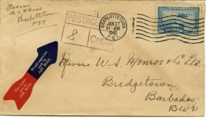 Airmail to BARBADOS BWI short-paid 4cx2=8c due 1940 w/receiver Canada cover