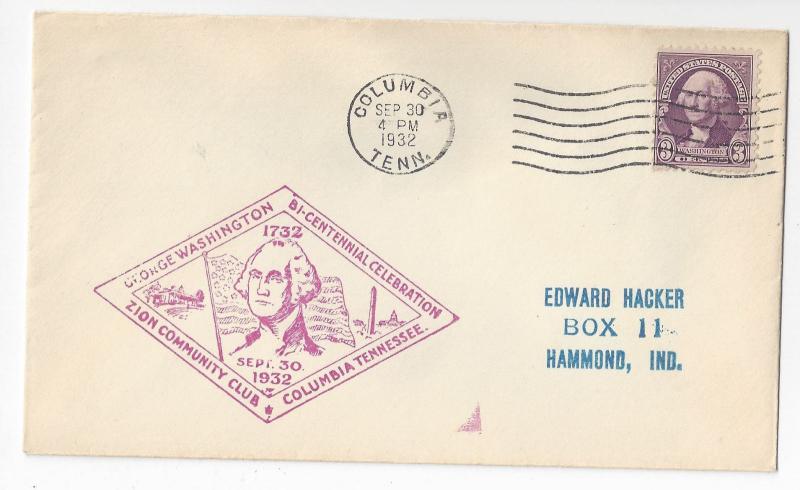 Washington Bicentennial Cover 1932 Zion Community Club TN