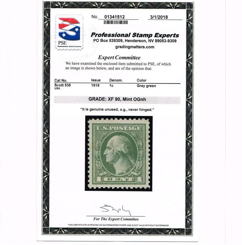 EXCEPTIONAL GENUINE SCOTT #536 MINT PRISTINE OG NH PSE GRADED CERT 1919 OFFSET 