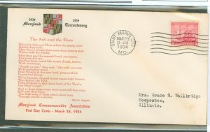 US 736 1934 3c Maryland Tercentenary (single) on an addressed first day cover with a historical cover club (1st) cachet.