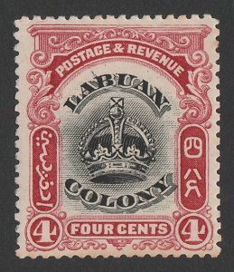 LABUAN : 1902 Crown 4c black & carmine, variety 'line through B'.