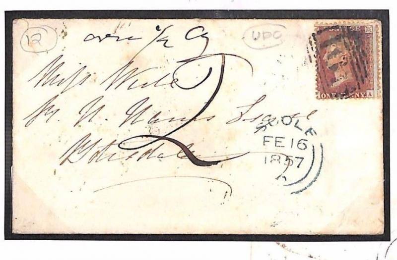 GB Cover NORFOLK 1d Red UDC Suffolk Barningham Scole 1857{samwells-covers}680d 