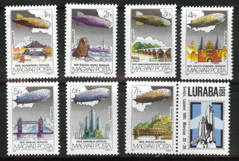 HUNGARY Scott C428-34 MNH** Zeppelin stamp set 1981