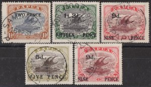 PAPUA 1931 Surcharge 2d on 1½d, 1/3 on 5/-, 9d on 2/6 (both) & 5d on 1/-.