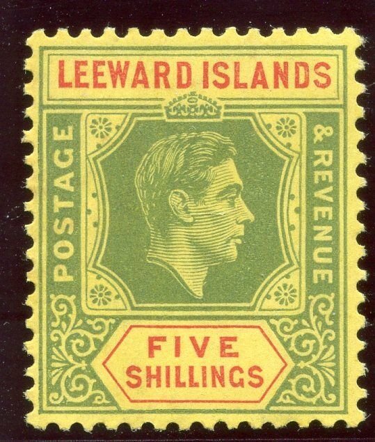 Leeward Islands 1938 KGVI 5s green & red/yellow (CH) MLH. SG 112.