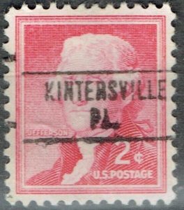 1954 2c Jefferson Precancel ERROR f/KINTNERSVILLE PA (1033-748) Reads: KINTERS..