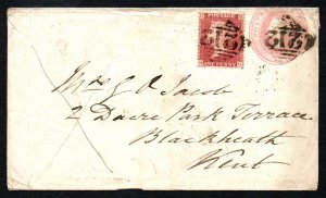 1857 1d pink stationery envelope up-rated with 1855 1d red Pl. 36