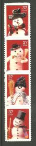 #3676-79 Snowmen strip of 4 from sheet Mint NH