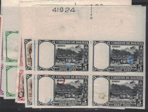 Bolivia A/M Plate Proof Blocks of 4, 9 Values NGAI (6fpb)
