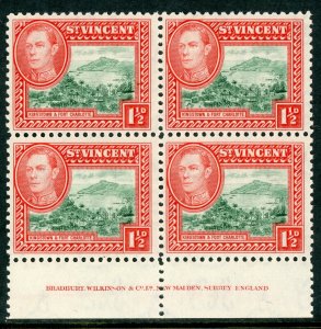 St. Vincent 1938 British KGVI  1½¢ Scarlet Scott #151 Inscription Block MNH F487