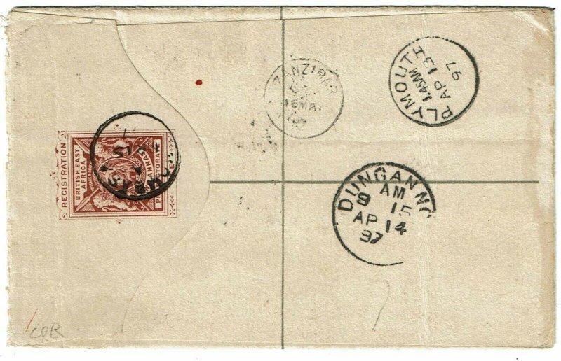 British East Africa 1897 Mombasa cancel on registry envelope to England