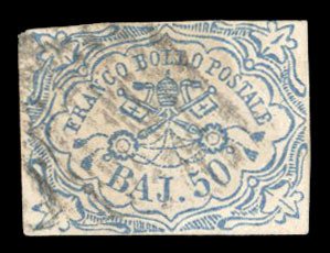 Italian States, Roman States #10 Cat$1,650, 1852 50b dull blue, used, faults,...