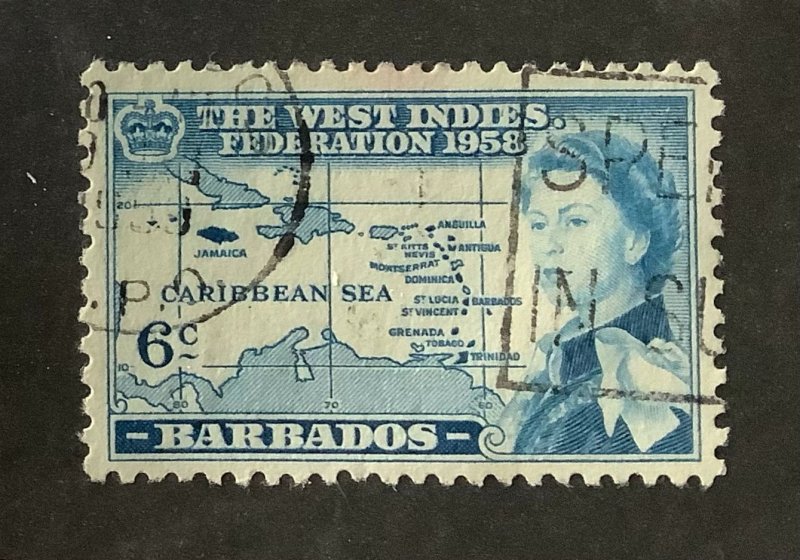 Barbados  1958 Scott 249 used - 6c,  West Indies federation & QEII