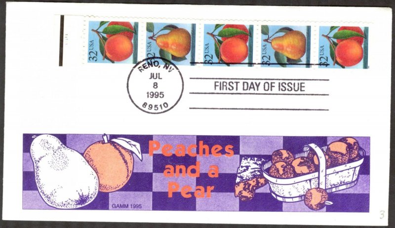 USA 1995 Mi.Nr. 2605/6 Fruits Peaches and Pear Strips of 5 diff. perf.  FDC 2 sc