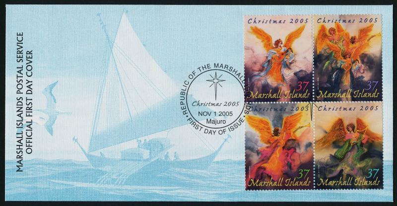 Marshall Islands 870 on FDC - Christmas, Angels - Canoe & Bird on Cachet